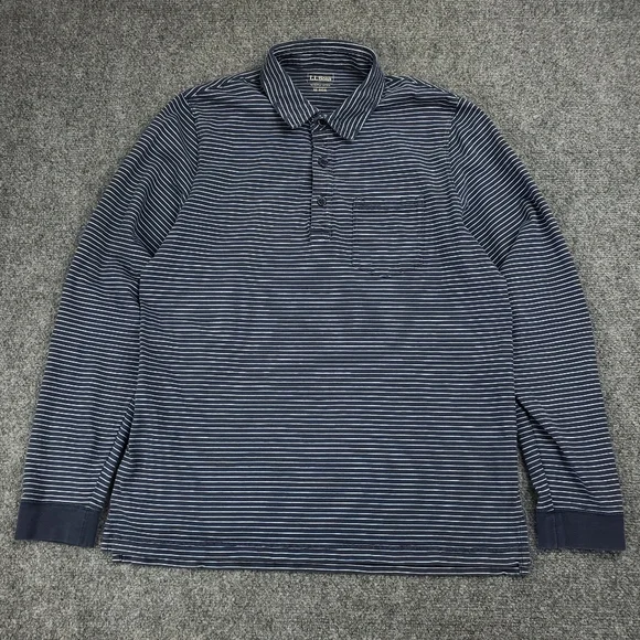 LL Bean Rugby Polo Shirt Mens Medium Long Sleeve Collared Striped Navy Blue Y2K - Picture 2 of 9